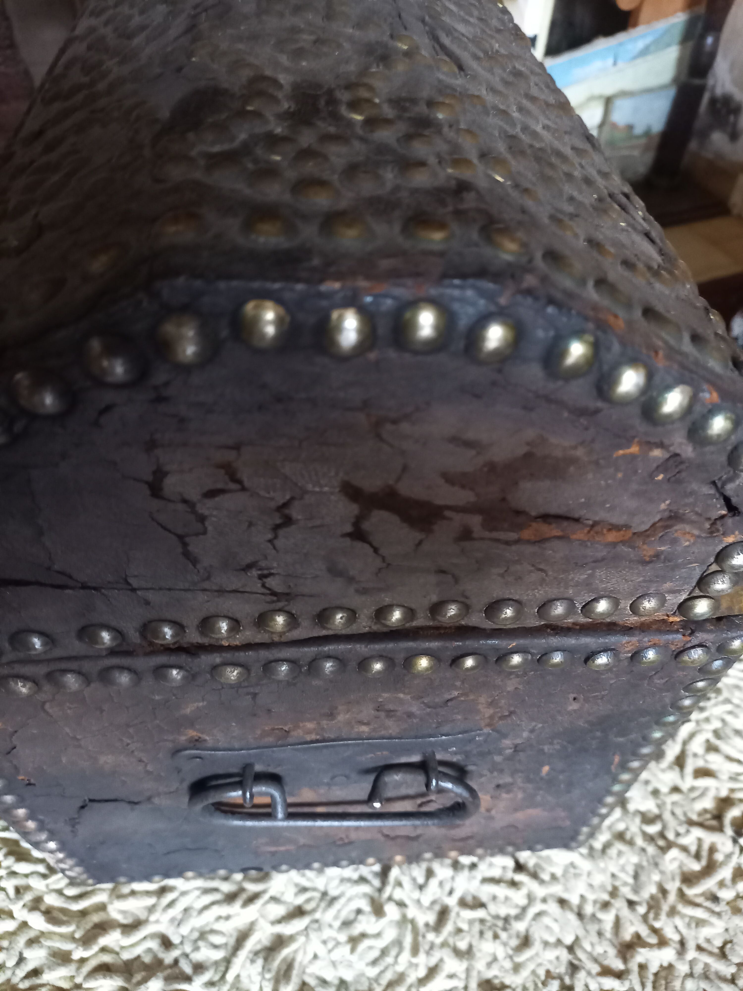 Old chest wood and studded leather