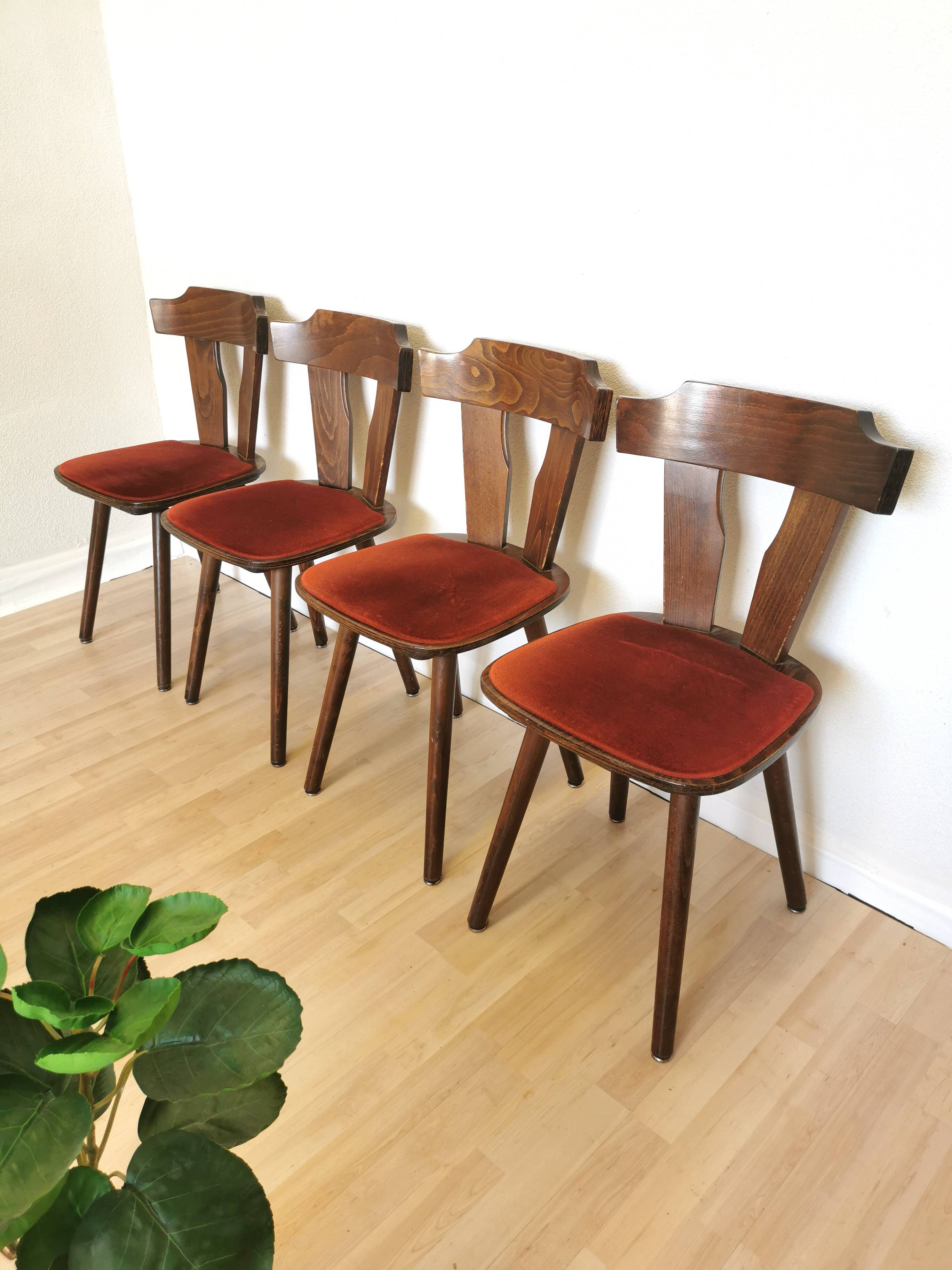 Vintage Tyrolean Dining Chairs: Set of 4, Red Fabric Seat, 1970s