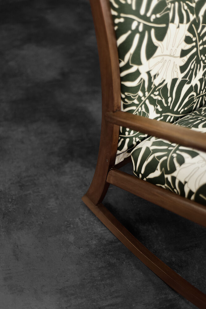 Vintage Mid-Century Danish Modern Rocking Chair in Wood and Monstera Leaf Pattern Fabric, 1960s