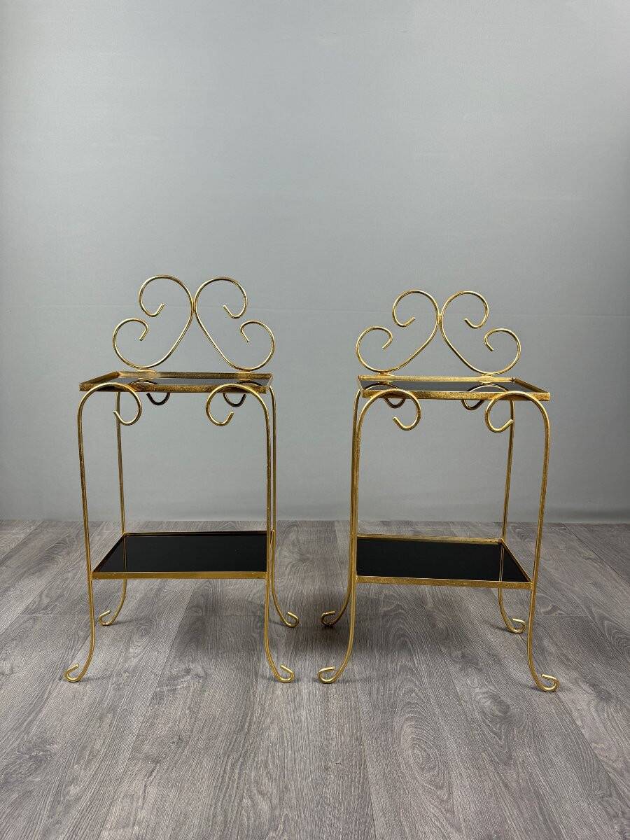 Pair of vintage side tables in gilt metal, with glazed ceramic tops