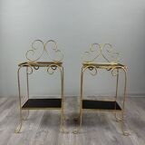 Pair of vintage side tables in gilt metal, with glazed ceramic tops