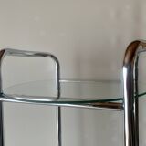 Pedestal table, vintage chrome steel saddle with 2 round windows