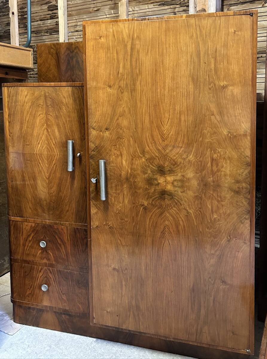 Asymmetrical wardrobe, Art Deco, 1930s walnut burl, wardrobe, shelves, drawers
