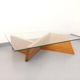 Vintage rectangular coffee table in solid elm and glass from the 80s