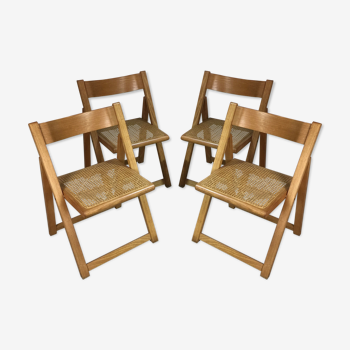 Lot de 4 chaises pliantes en bois blond et cannage années 80