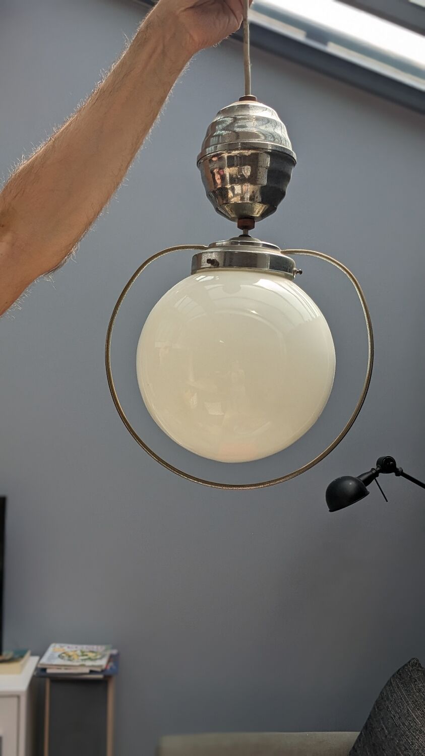 Opaline ball lamp adjustable ceiling light, 50's