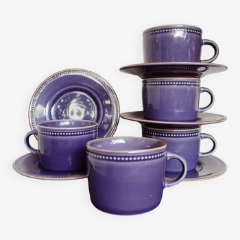 Set of 5 plum-colored stoneware tea cups