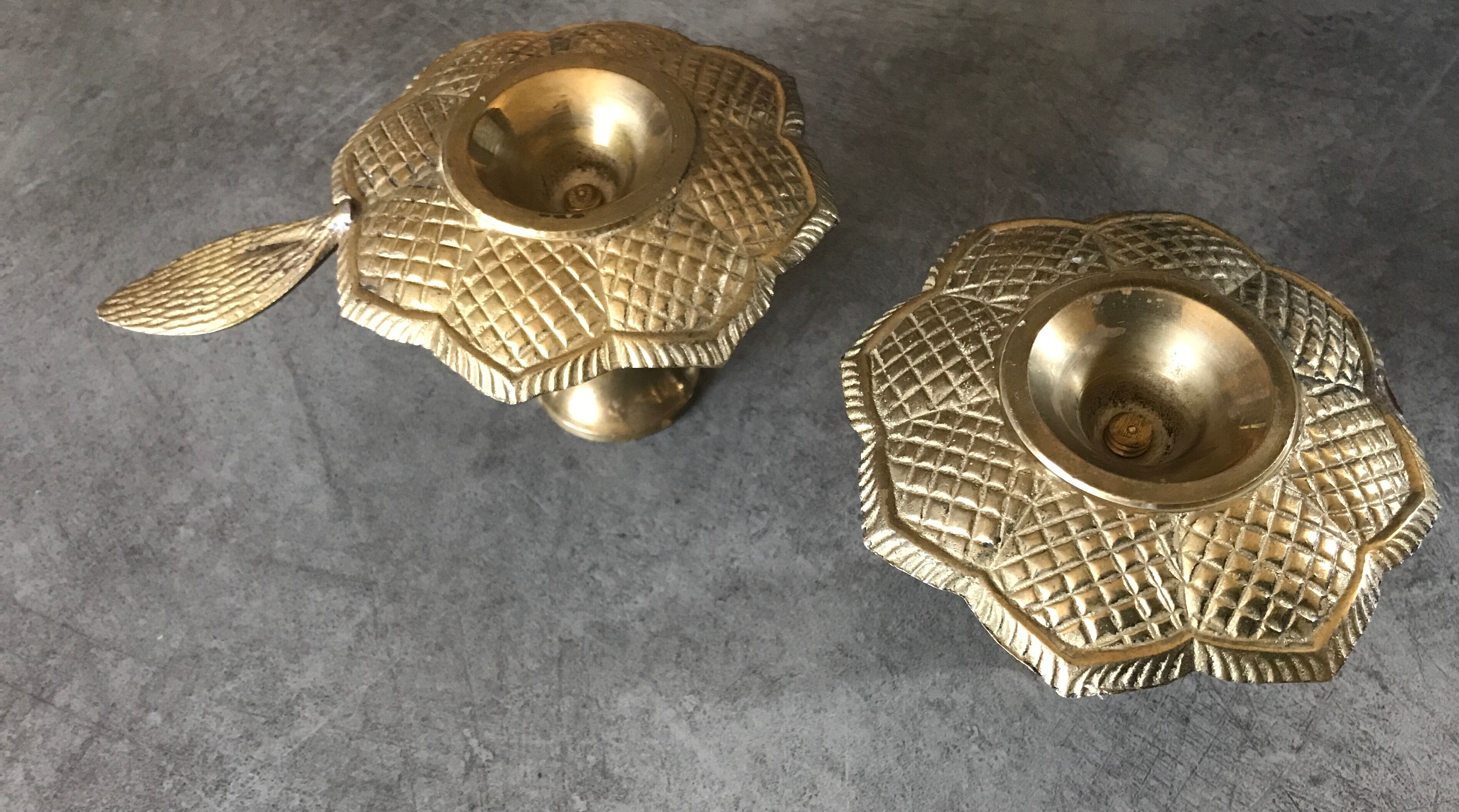 PAIR of BRASS table CANDLE HOLDERS with Flower Patterns