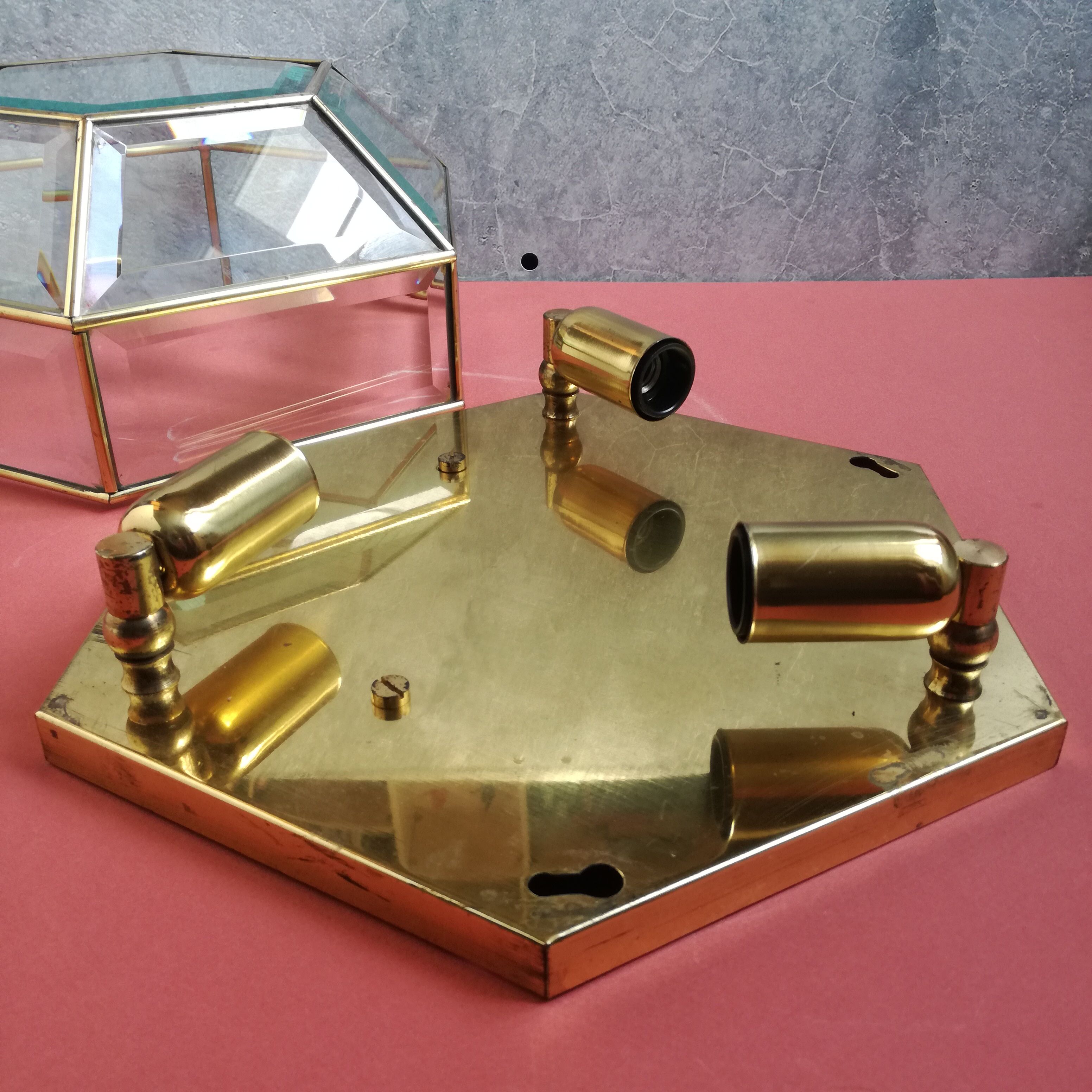 Hexagonal brass and bevelled glass ceiling light