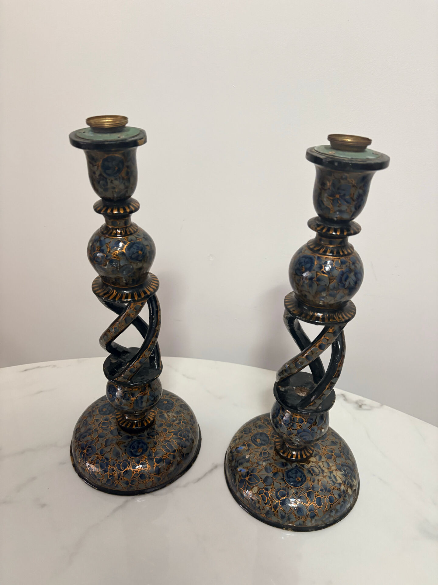 Pair of ancient Kashmiri candlesticks in midnight blue and gold – lamp bases