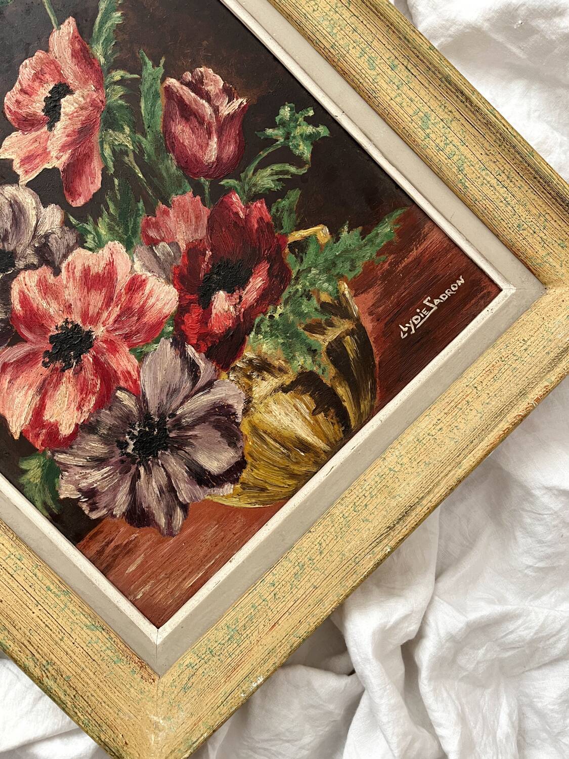 Antique painting, oil on cardboard, bouquet of anemones, signed