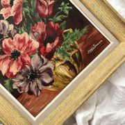 Antique painting, oil on cardboard, bouquet of anemones, signed