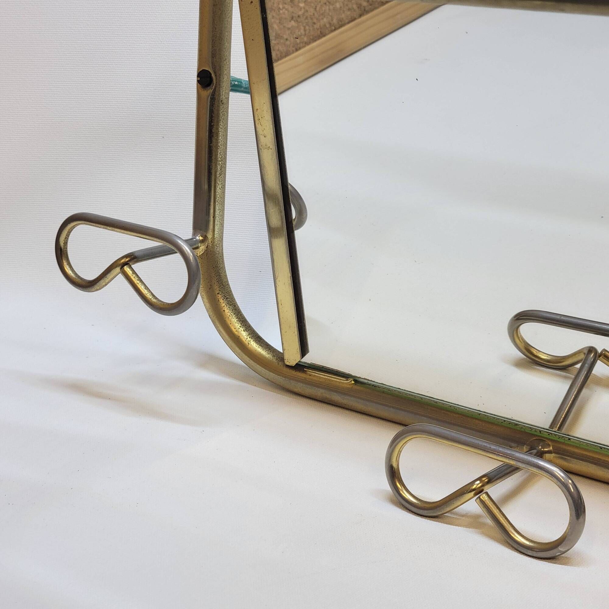 Coat rack with 4 hooks with shelf and vintage mirror in golden metal