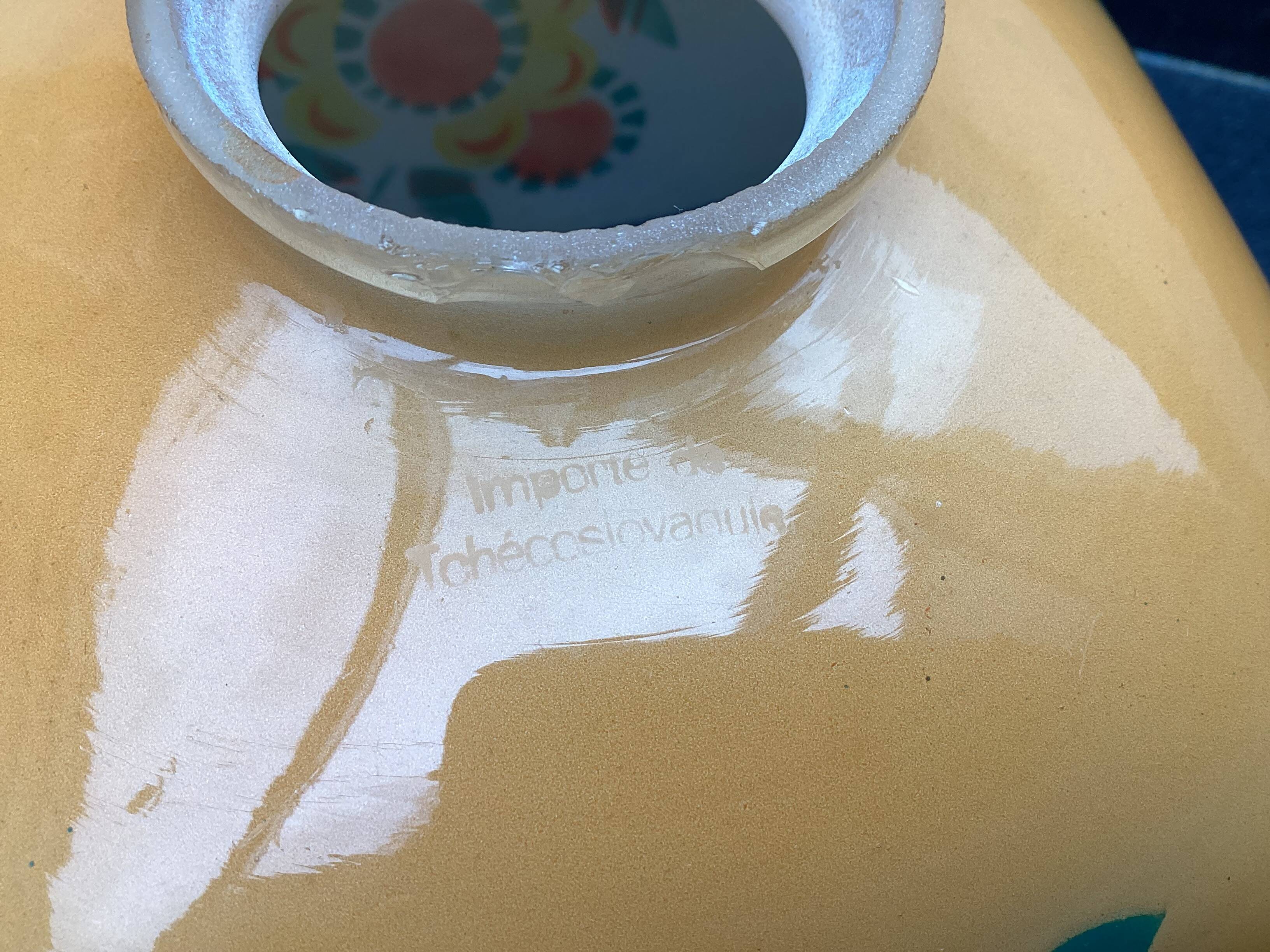 Vintage patterned painted glass pendant lampshade, Czechoslovakia