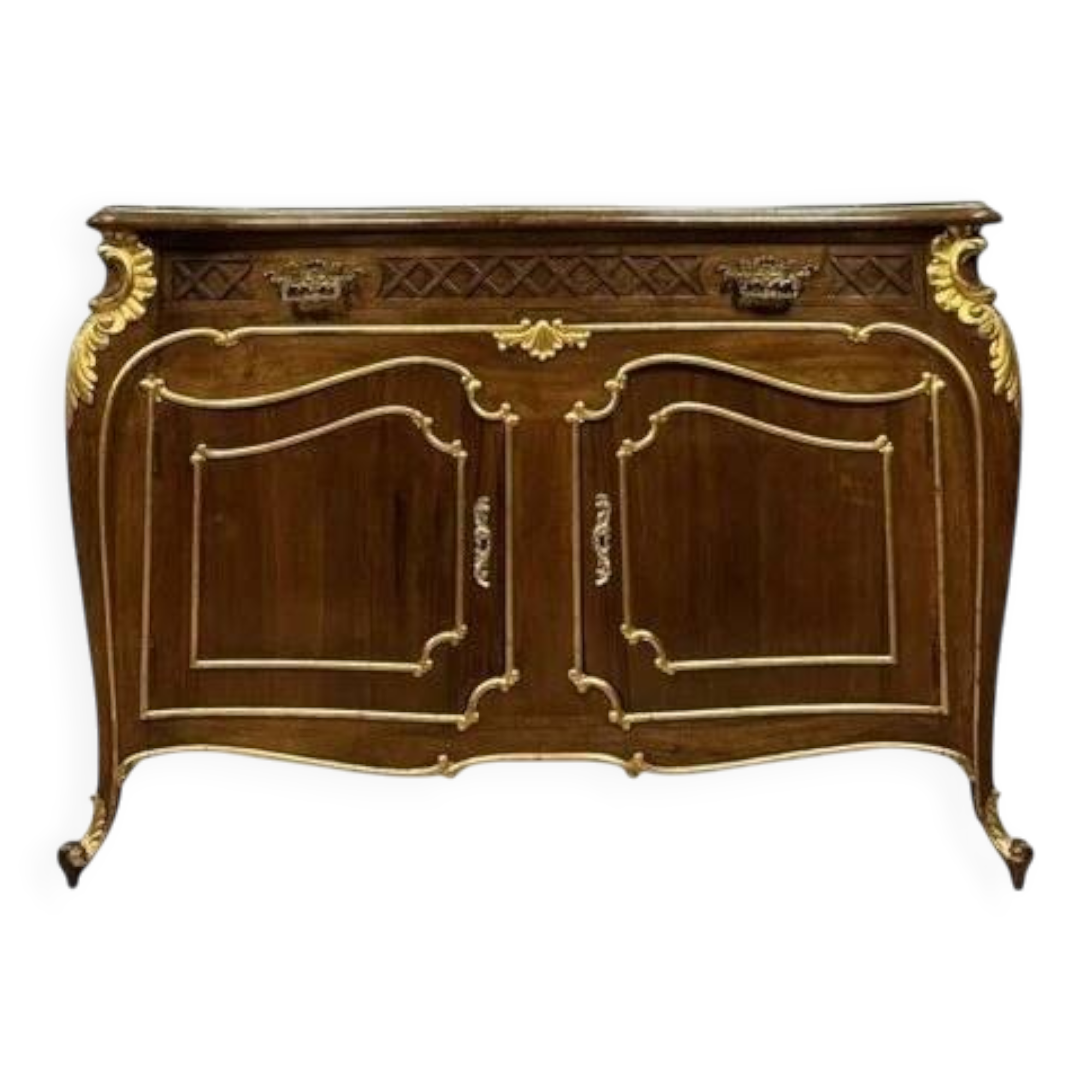 Louis XV style chest of drawers with curved Venetian doors in mahogany and gilded wood