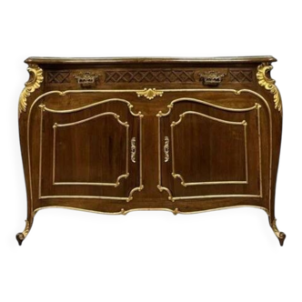 Louis XV style chest of drawers with curved Venetian doors in mahogany and gilded wood