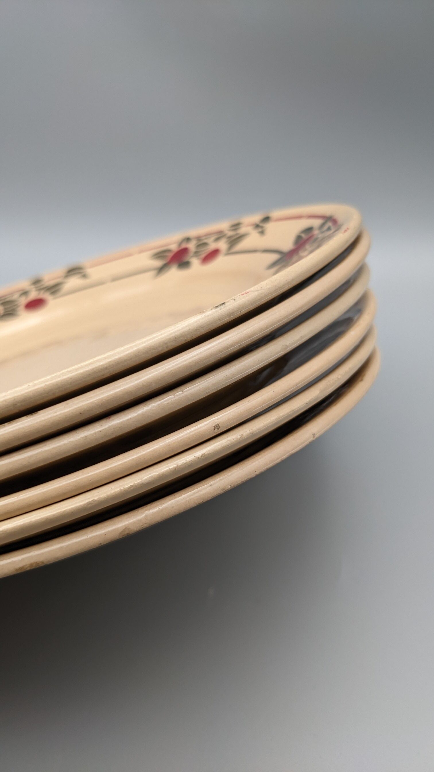 Series 6 flat plates vintage art deco earthenware beige cherry décor
