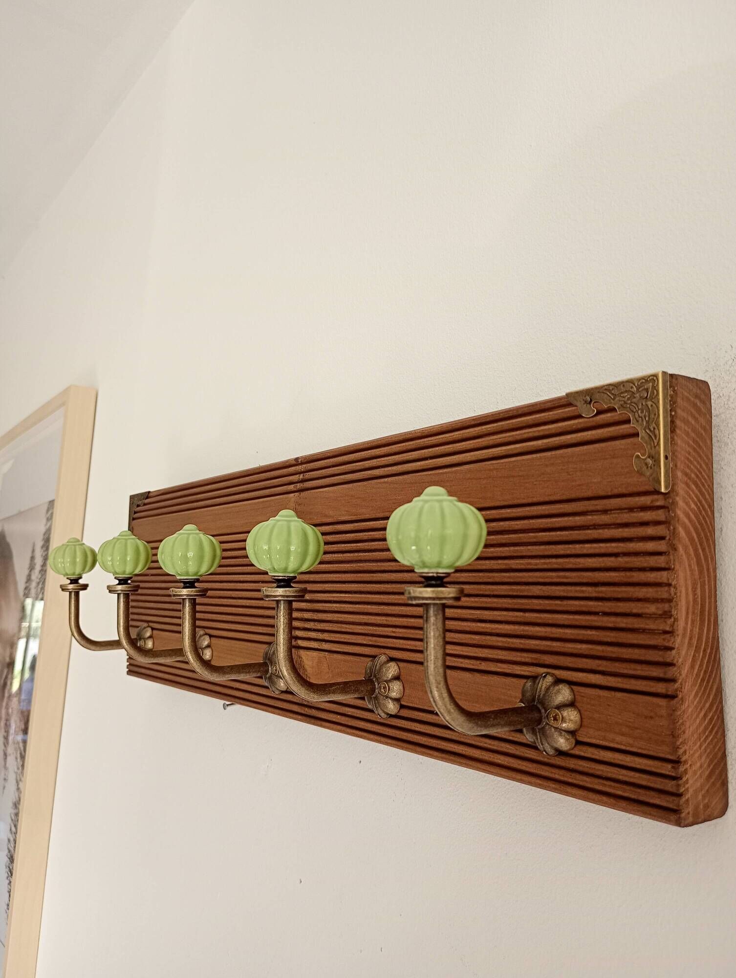 Wall-mounted coat rack with 5 hooks in sage green, stained wood and patinated metal – 50cm