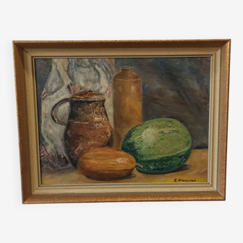 Vintage oil painting on plate "Still life".