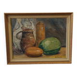Peinture à l'huile vintage sur plaque "Nature morte".