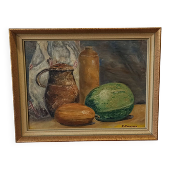 Peinture à l'huile vintage sur plaque "Nature morte".