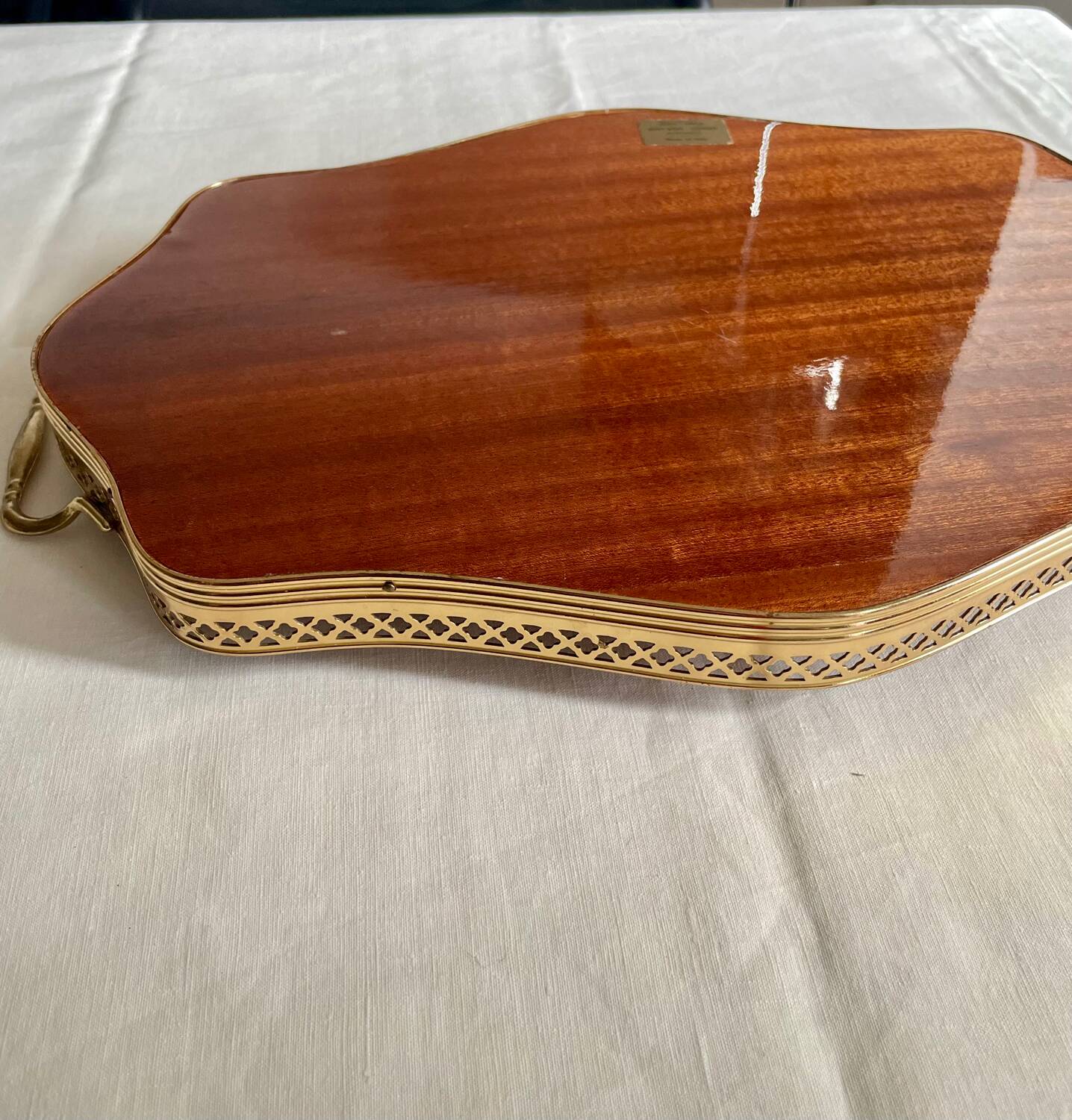 Vintage marquetry and gilded metal tray