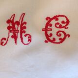 White tablecloth + 12 damask napkins with large handmade red initials.