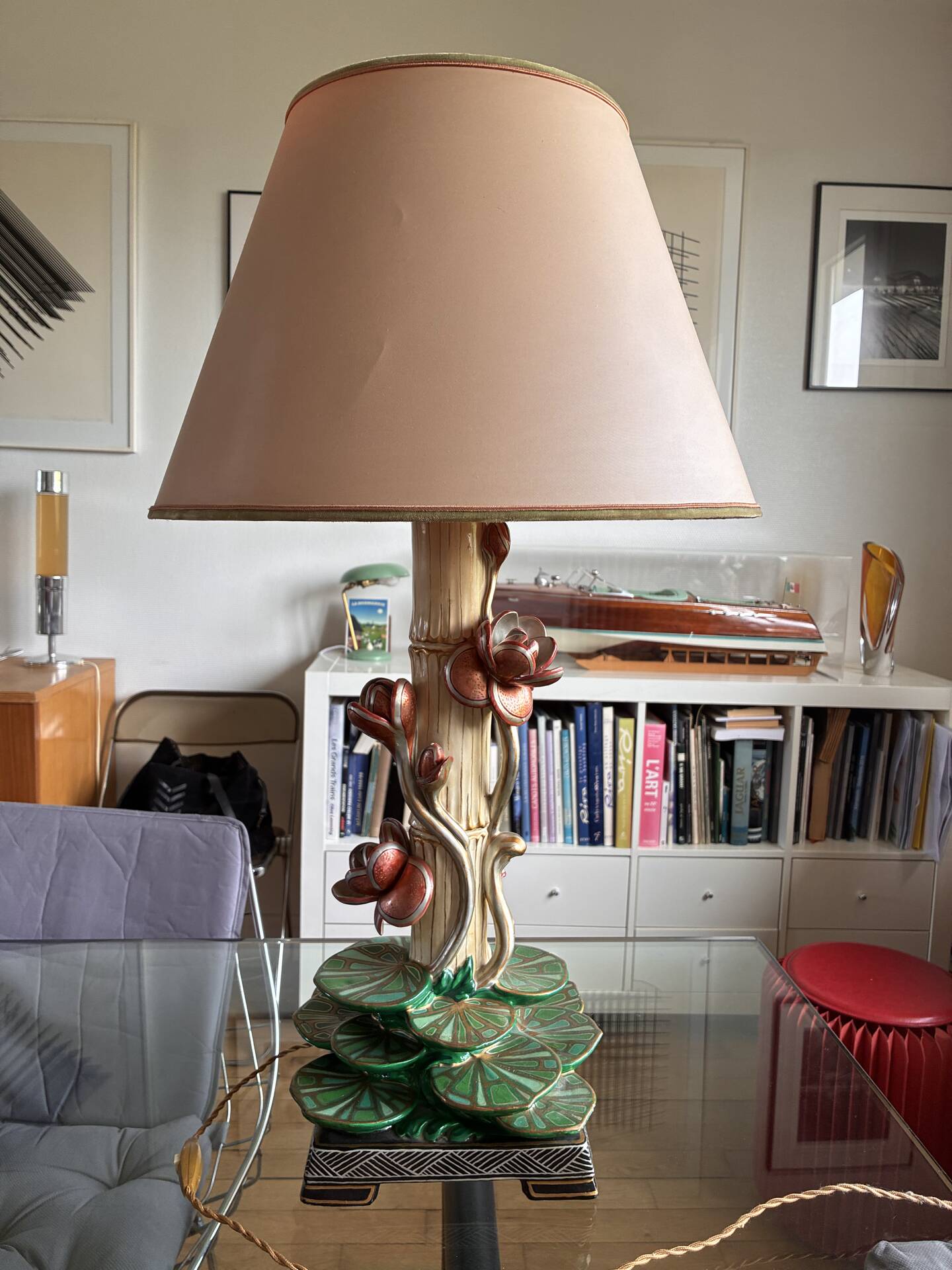 Large ceramic lamp with slip decoration signed F.D.