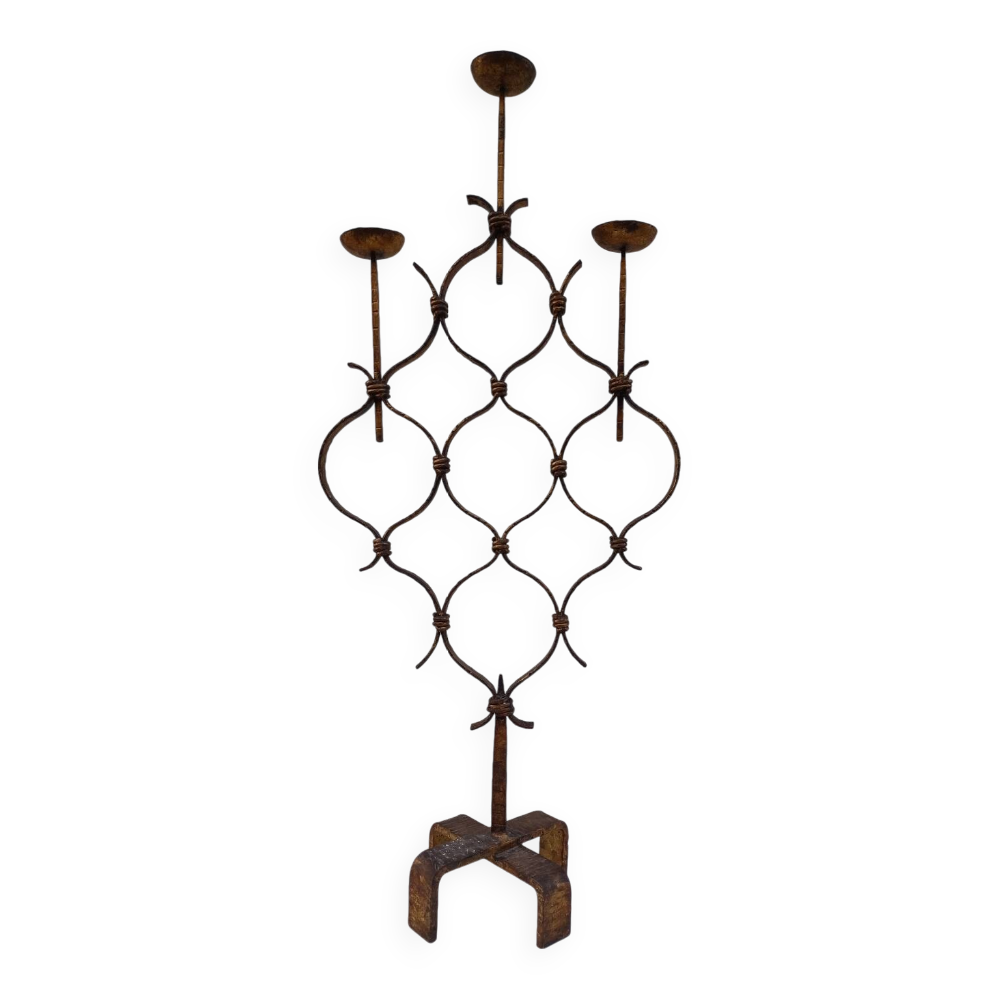 Large hammered wrought iron table candlesticks, gilded, 1950s, 60s