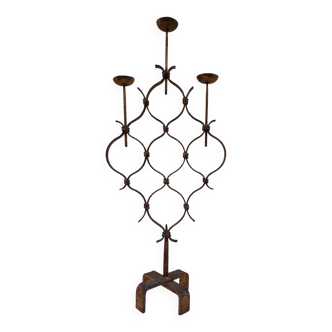 Large hammered wrought iron table candlesticks, gilded, 1950s, 60s