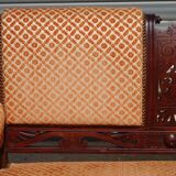Vintage bench in wood and orange/ivory velvet.