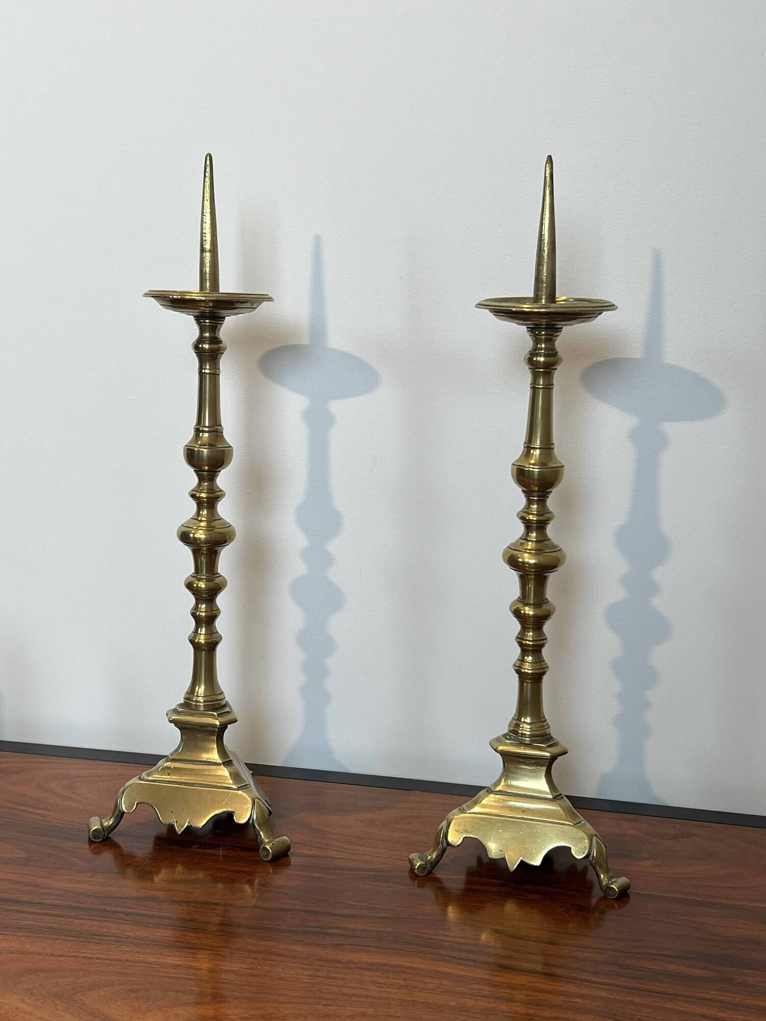 Pair of Large Brass Altar Candlesticks with Baluster Shaft and Tripod Base