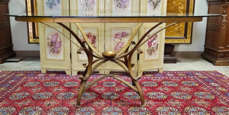 Grande table a manger / table design 1970 en métal doré et verre – XXe
