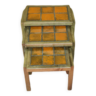 Set of three oak and tile nesting tables,  Germany 1960s