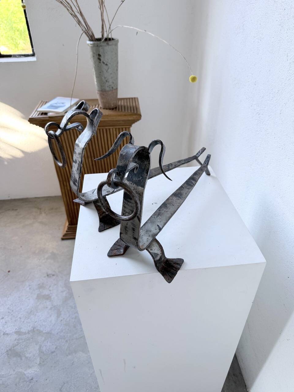 Pair of zoomorphic metal andirons "dogs" 1950