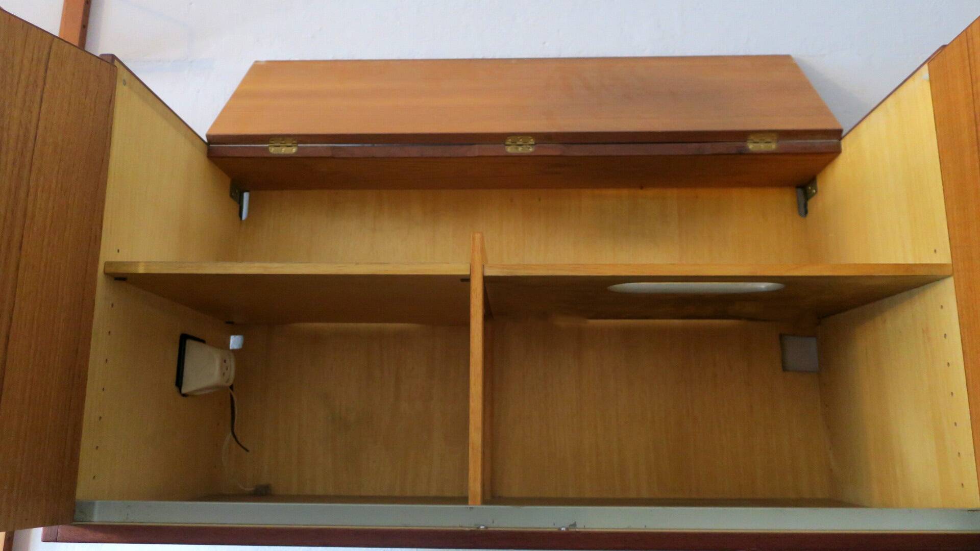 Danish teak flip-top media wall cabinet, 1960s