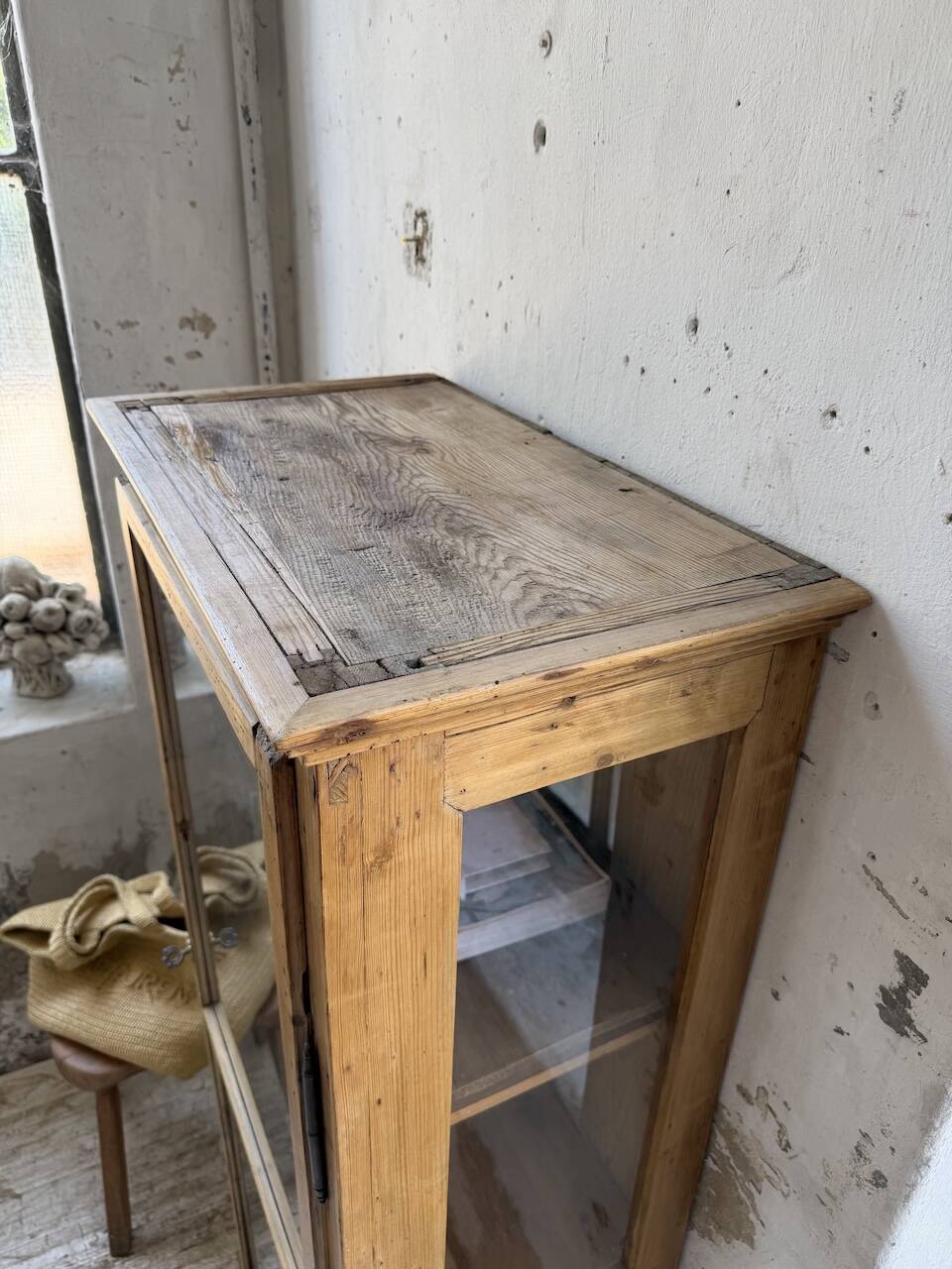 19th-century English pine display cabinet