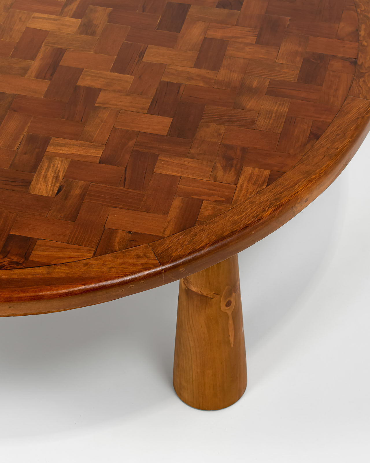 Round parquet coffee table with conical legs, spain