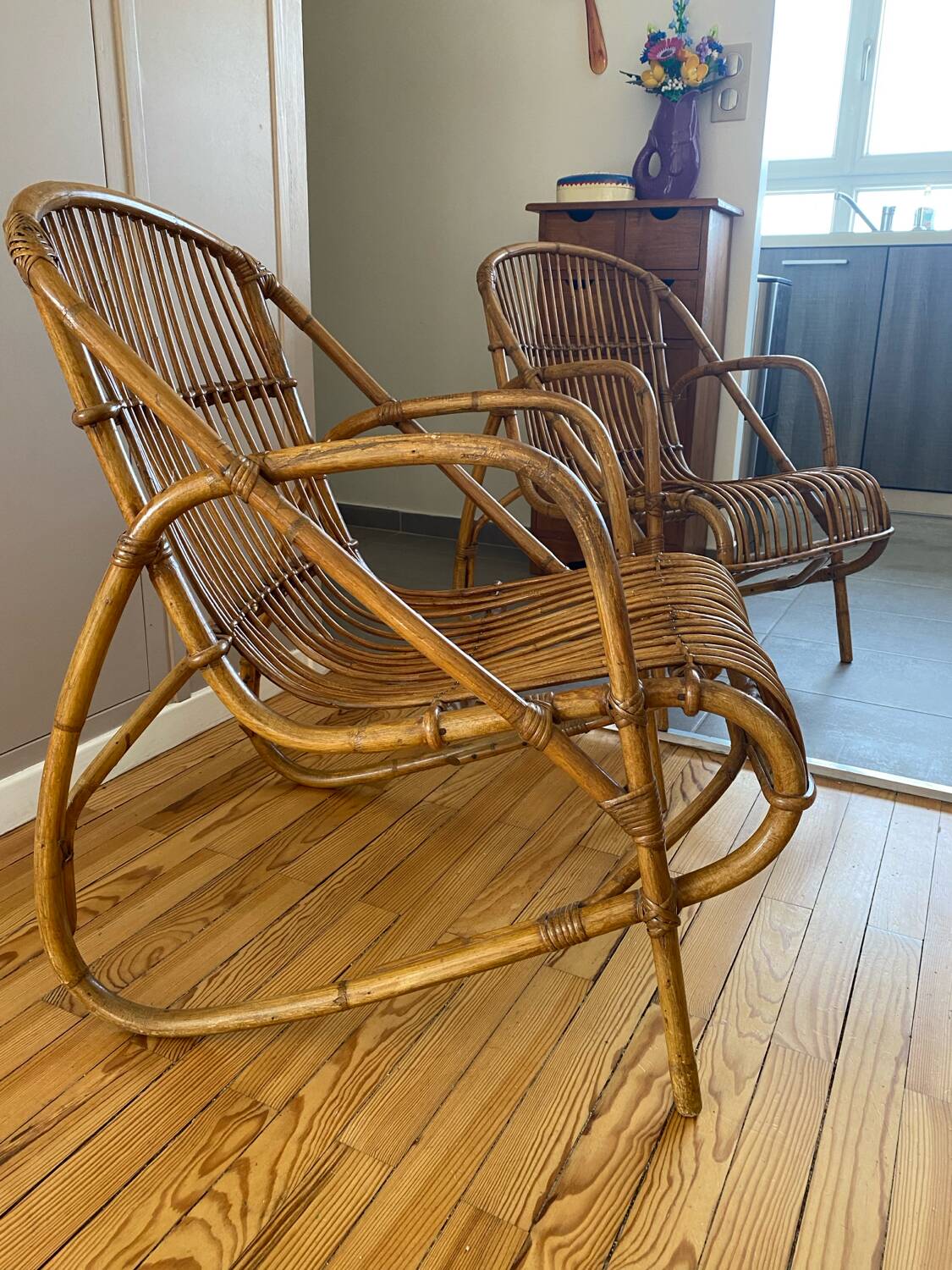 Rare pair of vintage rattan and wicker armchairs from the 1950s