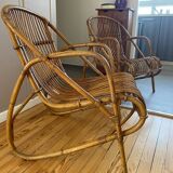 Rare pair of vintage rattan and wicker armchairs from the 1950s