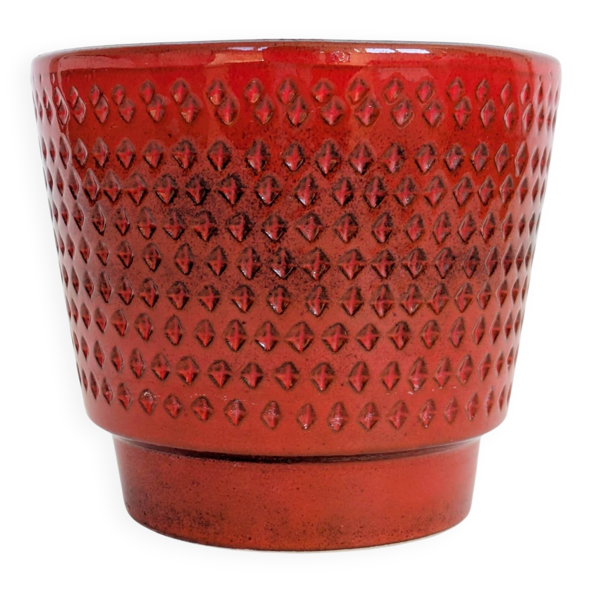 Grand cache-pot vintage en céramique allemande, texture fraise rouge
