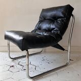 Vintage Gillis Lundgren armchair, black leather and chrome, Sweden 1970s