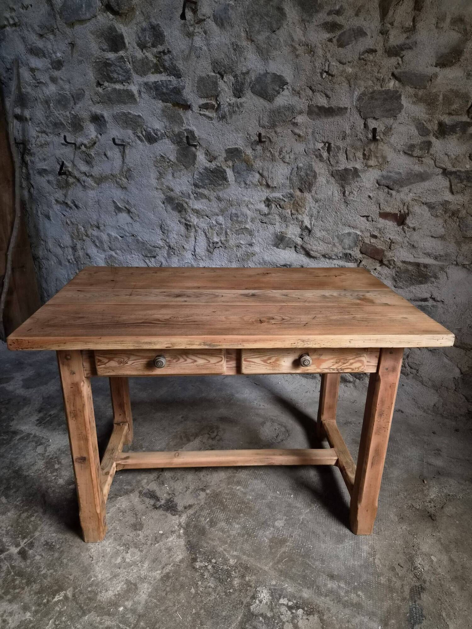 Vintage pine kitchen table or desk with two drawers – 1950s
