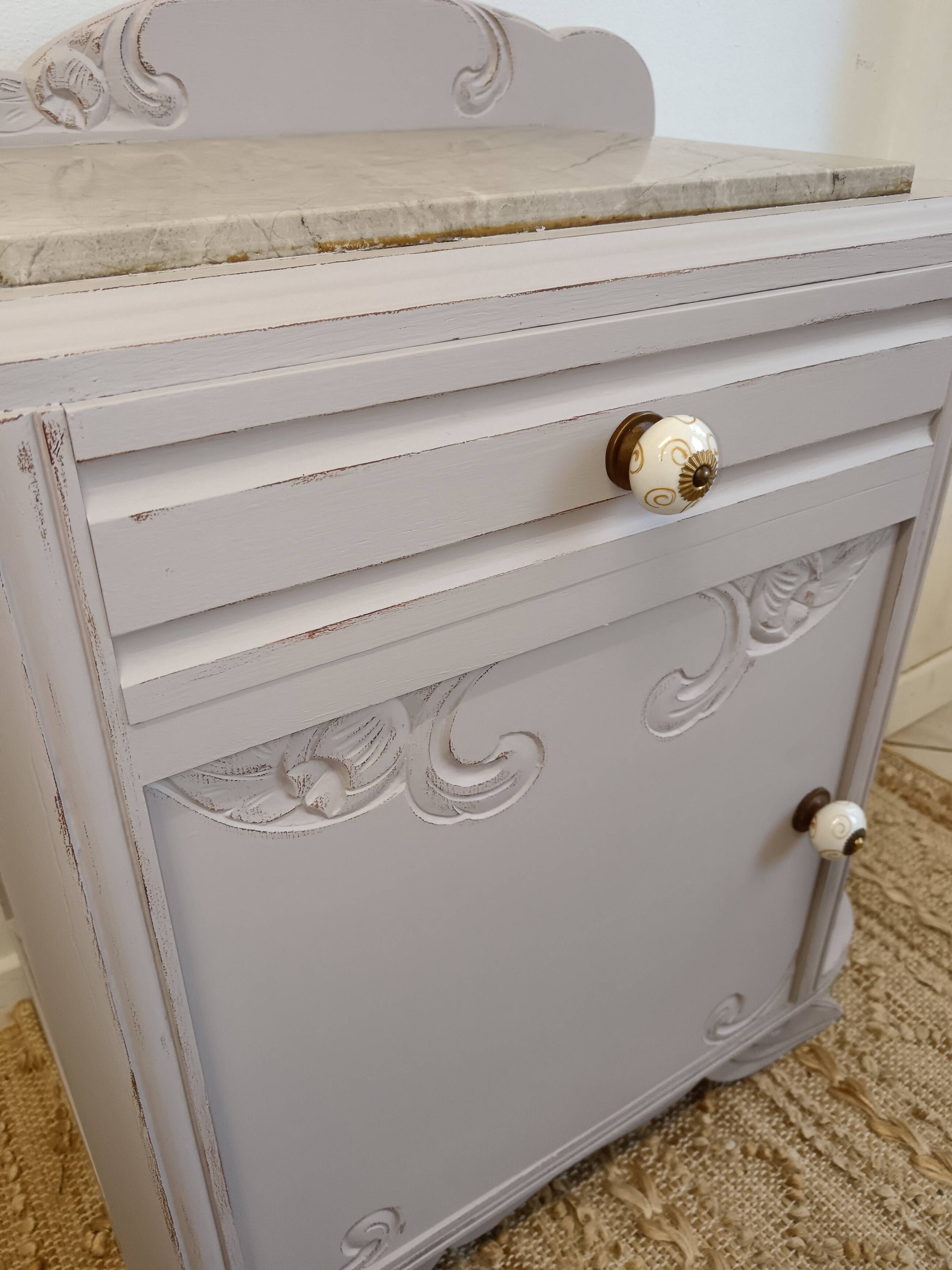 Vintage grey bedside table with marble top from the 1930s.