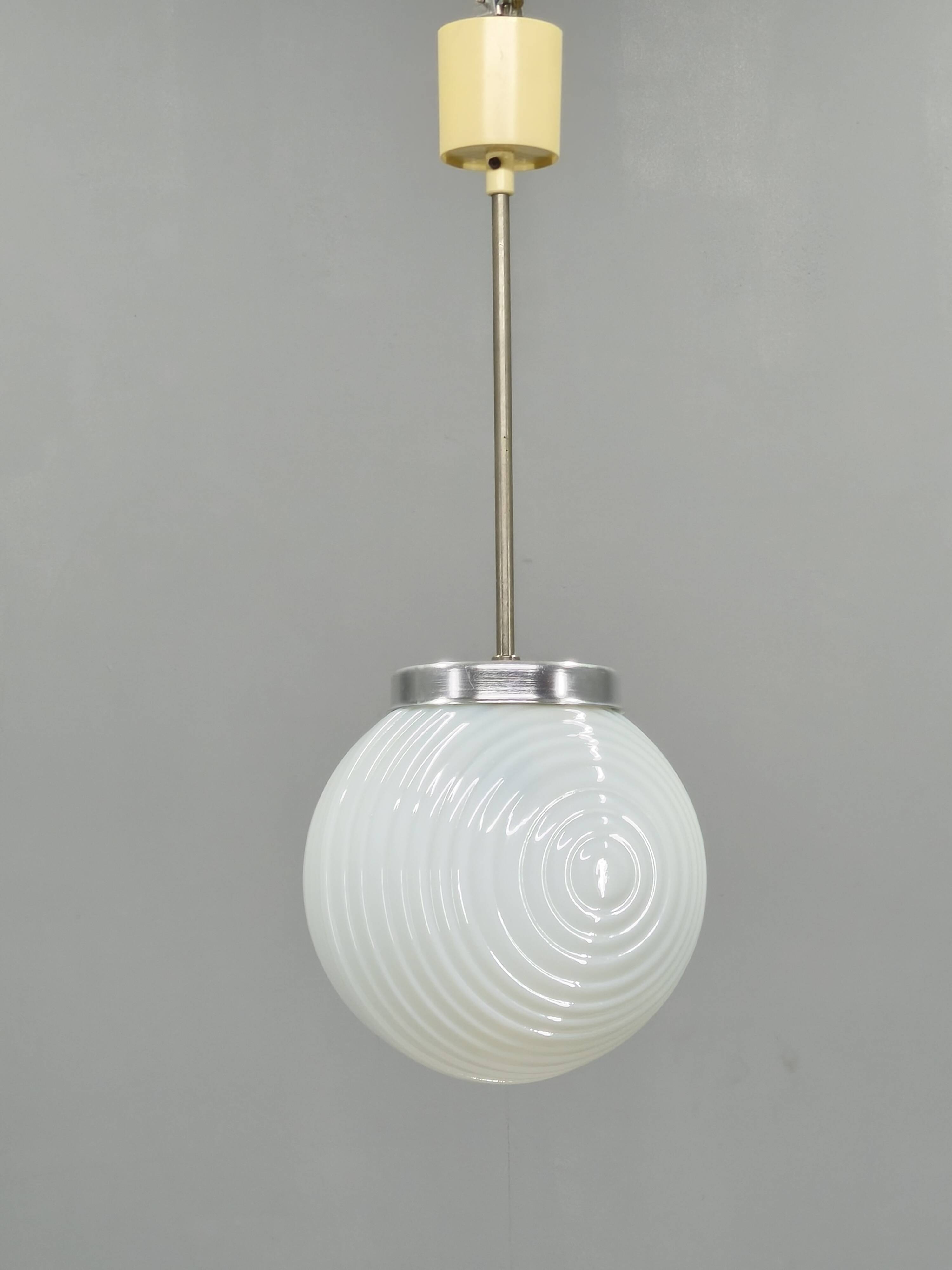 Czechoslovak Ribbed Opaline Glass Pendant Light, 1970s