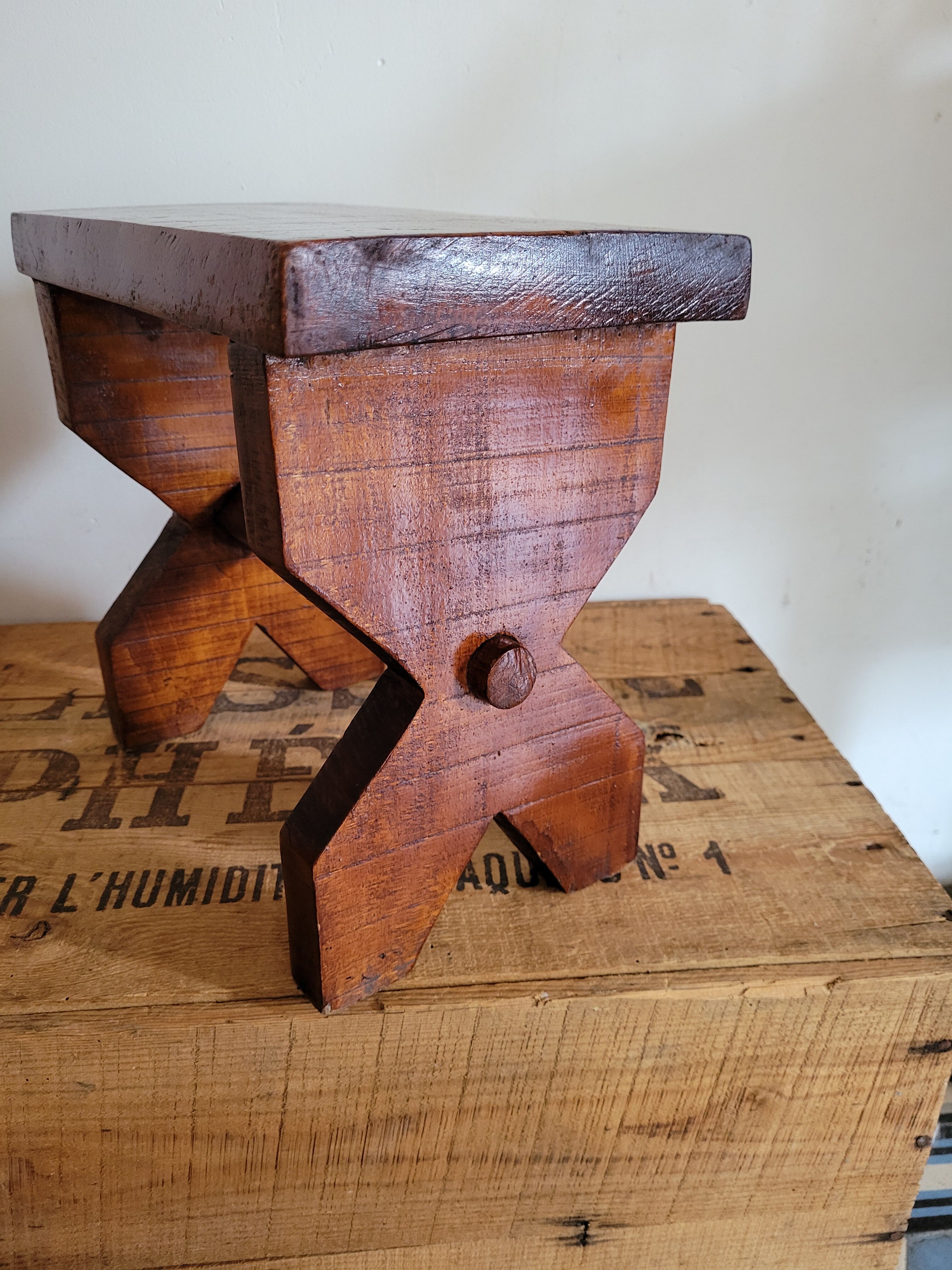 Brutalist wooden stool