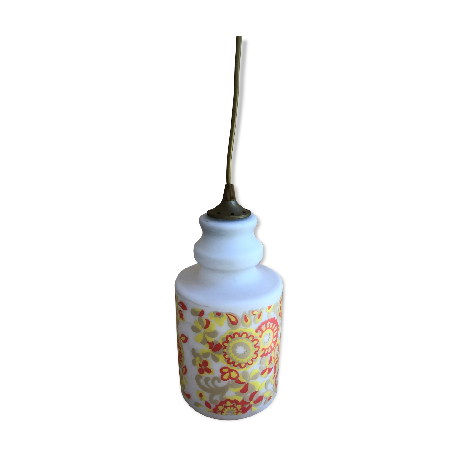 Old White Opaline Pendant Lamp + Yellow Orange Decor 70s Vintage