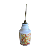 Ancienne Suspension Opaline Blanche + Décor Jaune Orange Années 70 Vintage