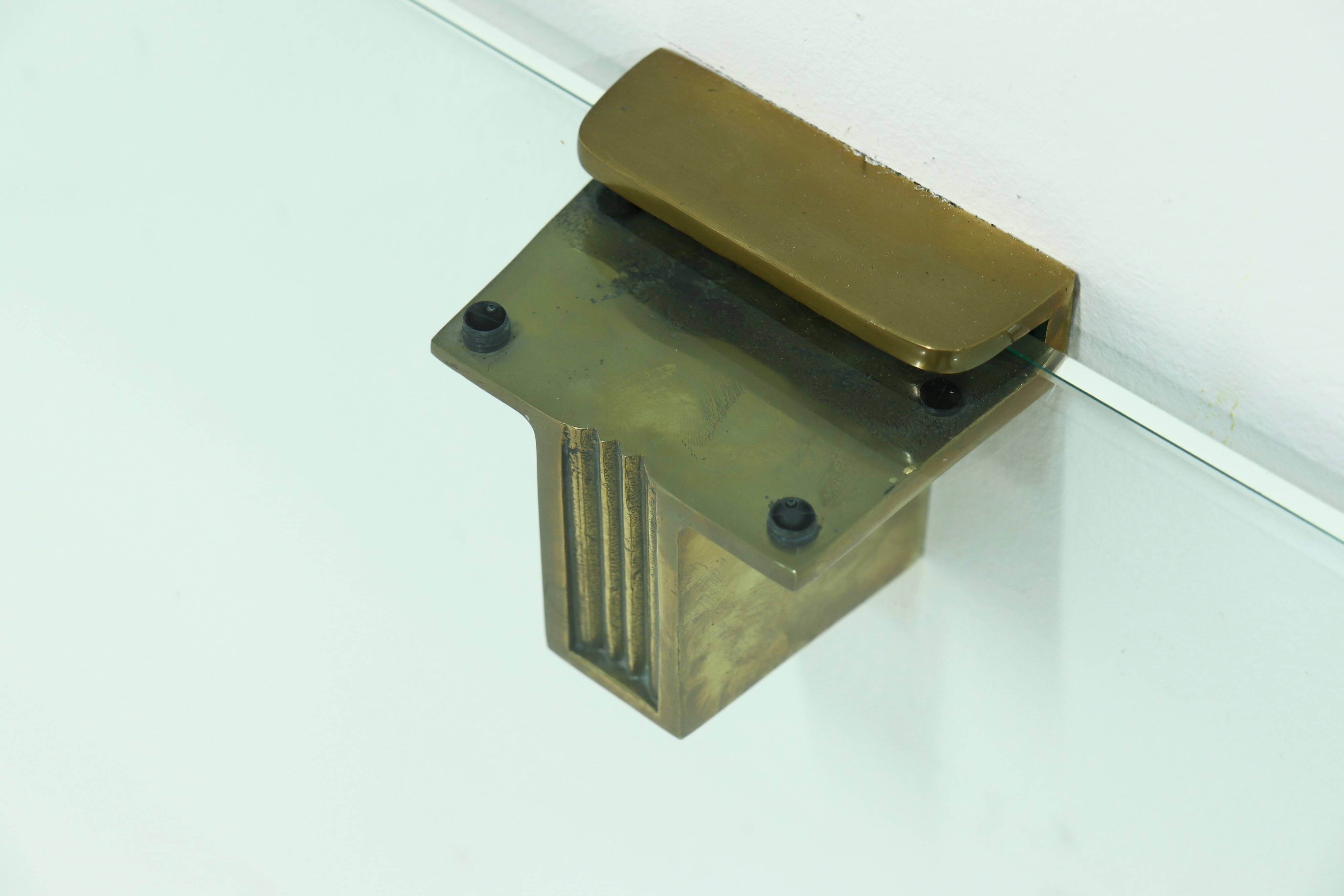 Rare Large Peter Ghyczy Brass and Glass Wall-Mounted Shelving Unit 1970s