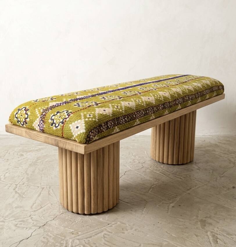 Mango wood bench with khanta fabric.